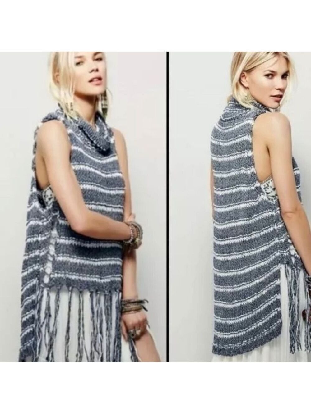 FREE PEOPLE Folksong Fringe Tunic Loose Knit Sleeveless Sweater Oversize Sz XS